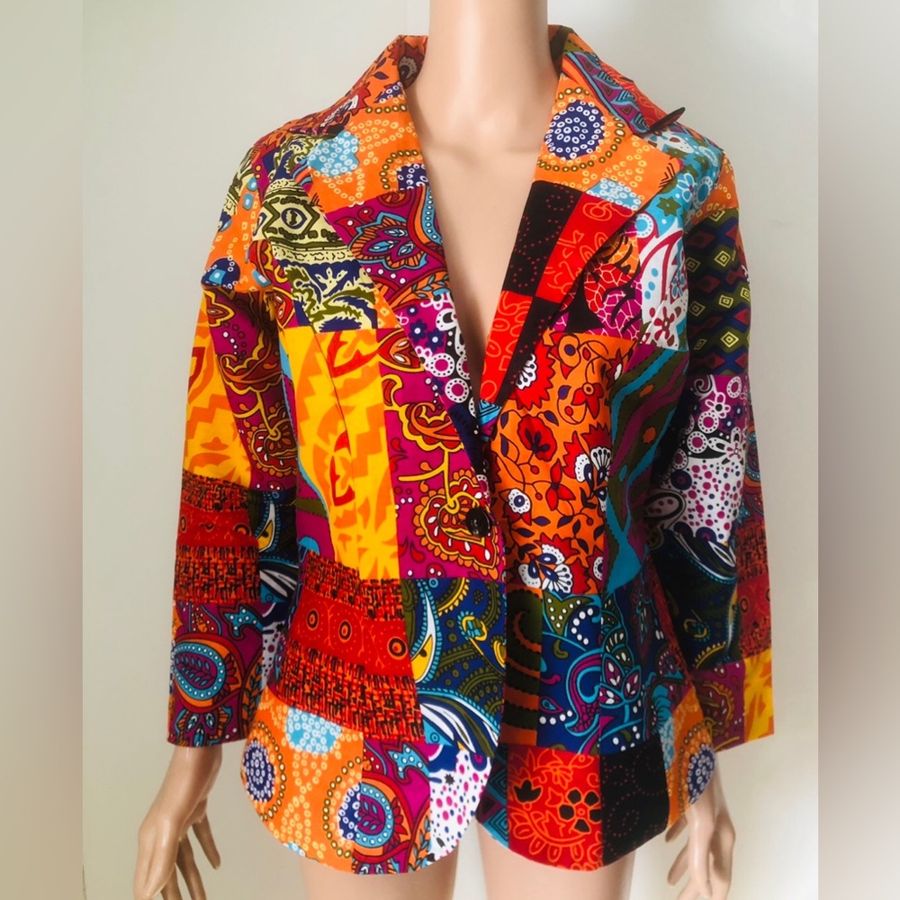Eclectic Red and Orange Blazer Jacket with Patchwork Design